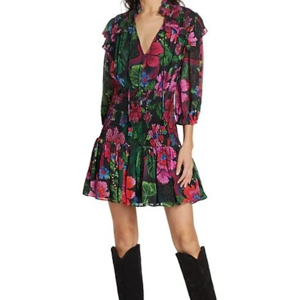 Farm Rio NWOT Blooming Garden Floral Smocked Minidress Size Small - Picture 1 of 7